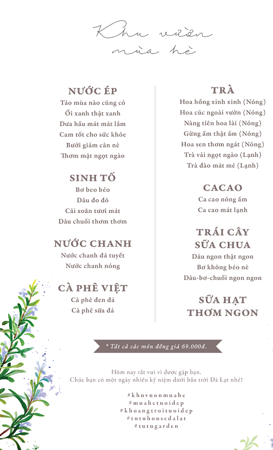 Menu thực đơn tại Khu vườn mùa hè (Nguồn: Internet)