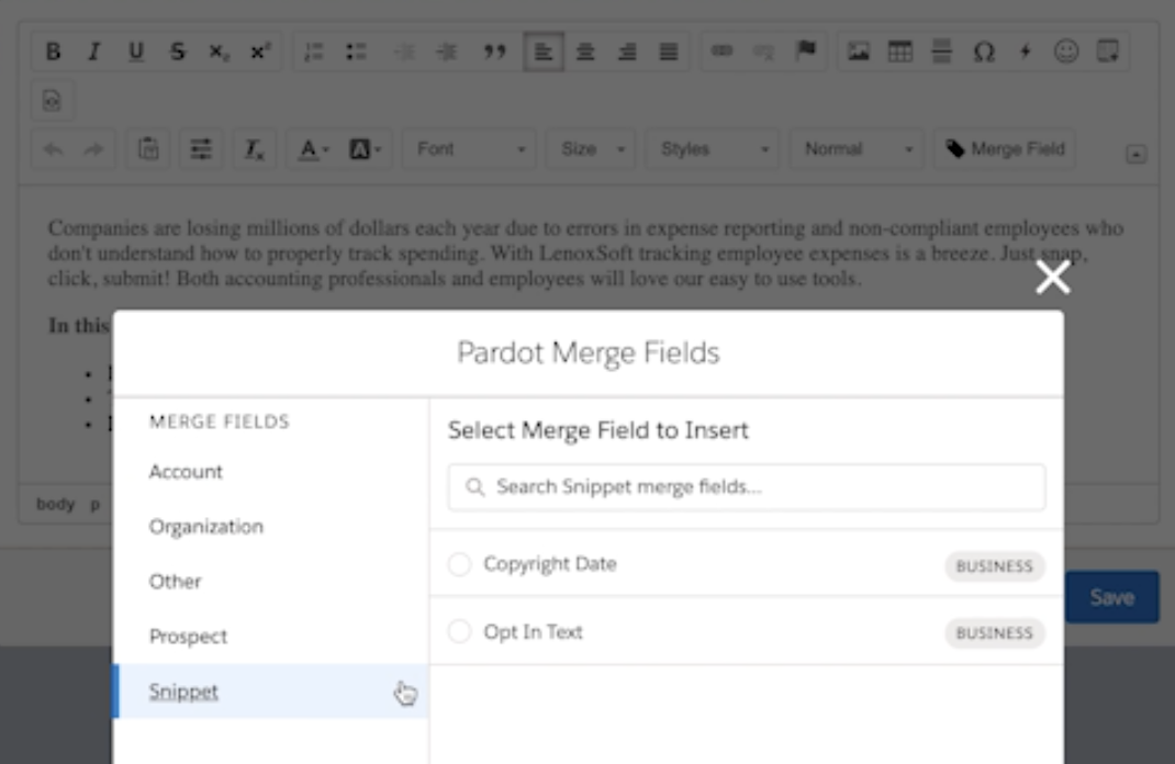 Snippets in Pardot from Salesforce Spring '20 release