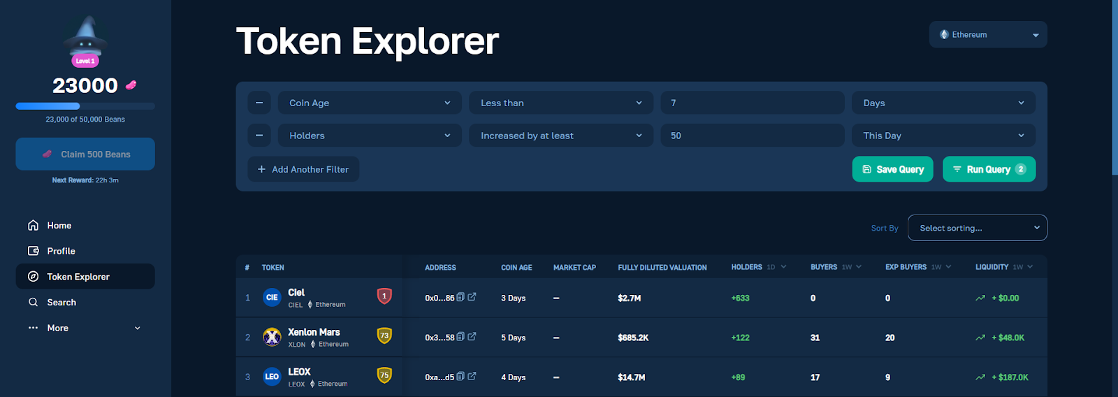 Moralis Money Token Explorer - Holders filter set to 50 new crypto coin holders in the last day