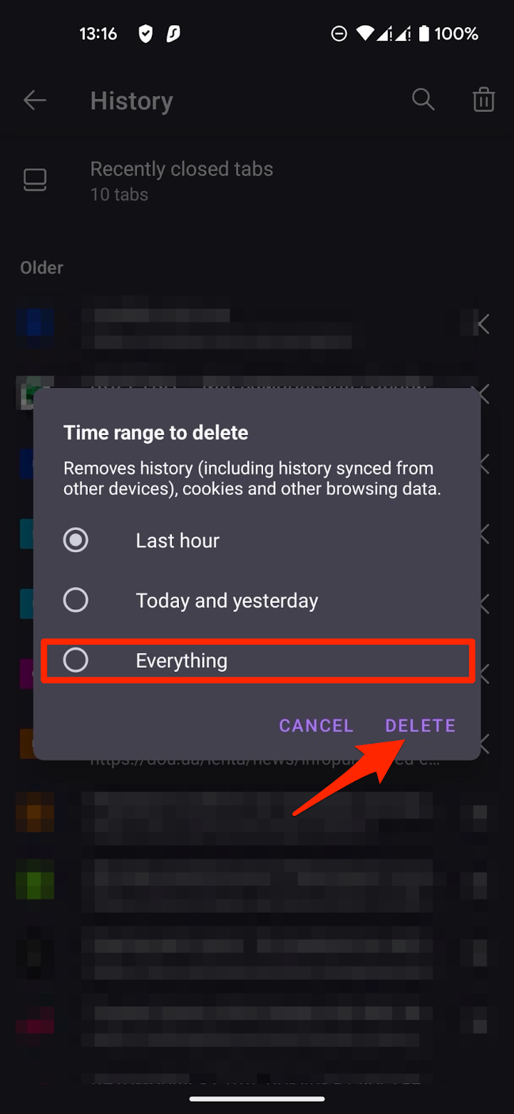 Choose the time range and tap the "Delete" button.