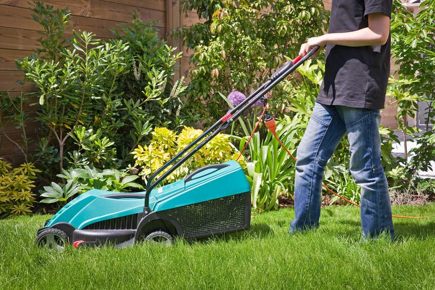 person mowing lawn with lawn mower