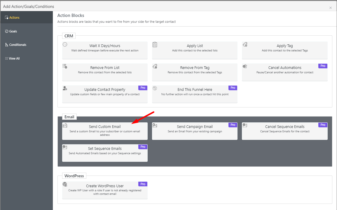 Select send custom email from the automation action field