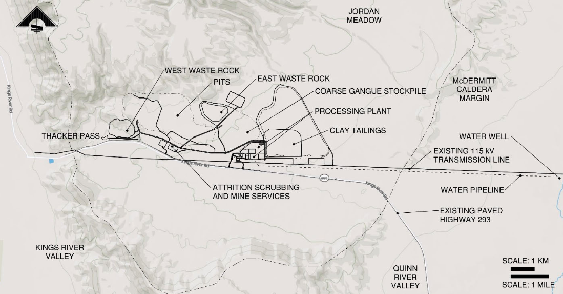 A map of the overall arrangement of the Thacker Pass lithium mining development, as published in Lithium Americas’ feasibility study. Image used courtesy of Lithium Americas