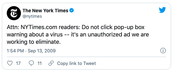 Tweet from 2009 warning about a malicious ad on the nytimes.com website