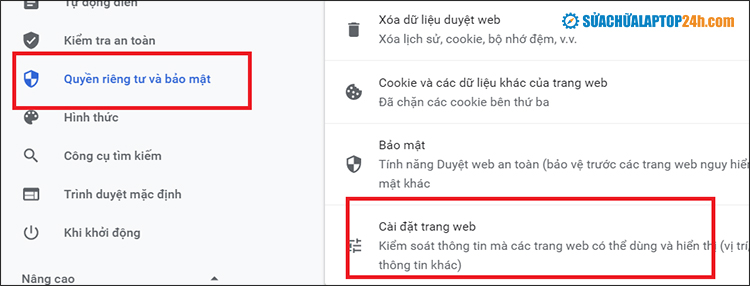 Chọn Cài đặt trang web