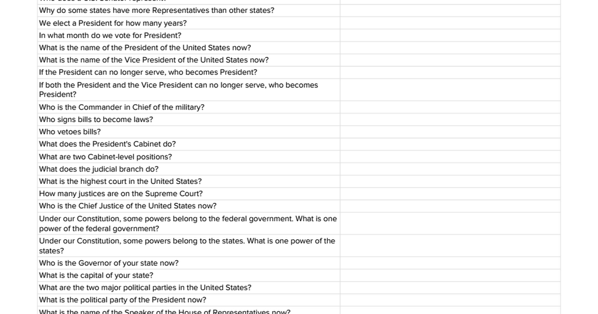 US Civics Test Questions Google Sheets