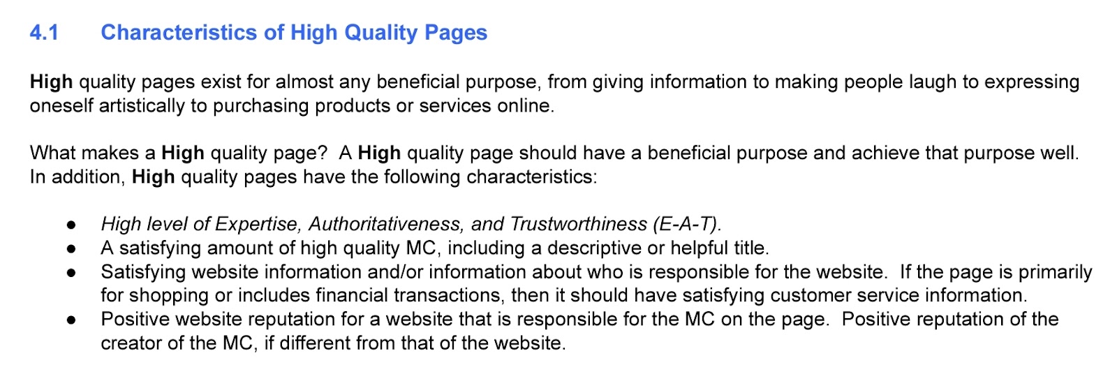Google search quality evaluator guidelines on the characteristics of high quality pages
