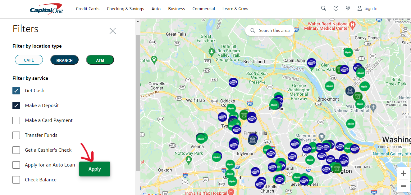 Filtering Capital One Café, branch or ATMs & services