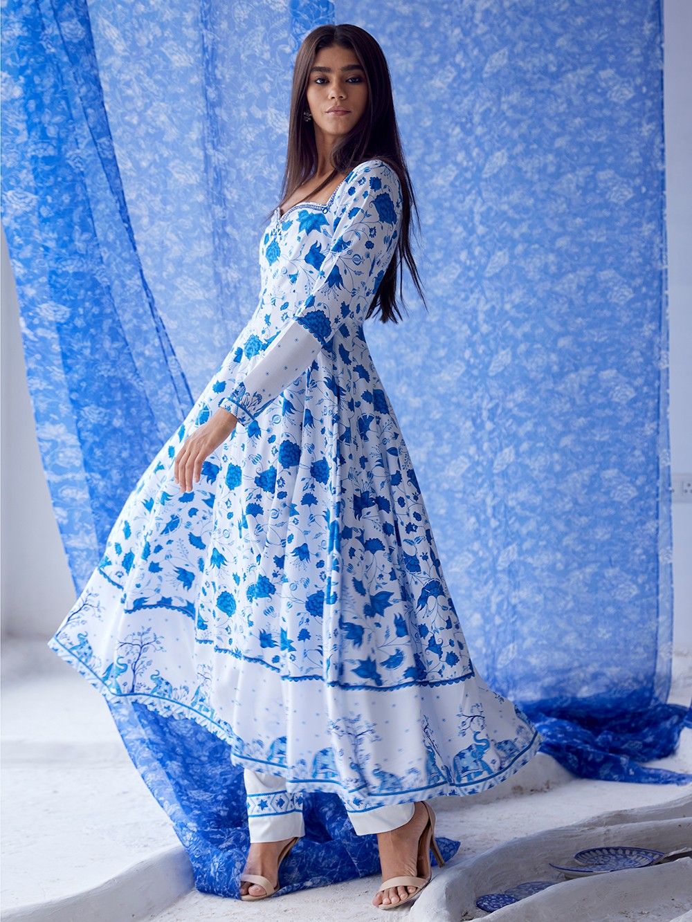 the loom - White Blue Printed Cotton Modal Anarkali Kurta