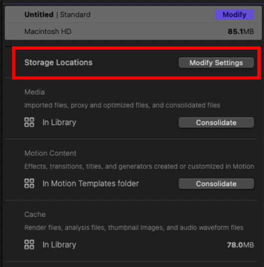 Screenshot of final cut pro storage settings