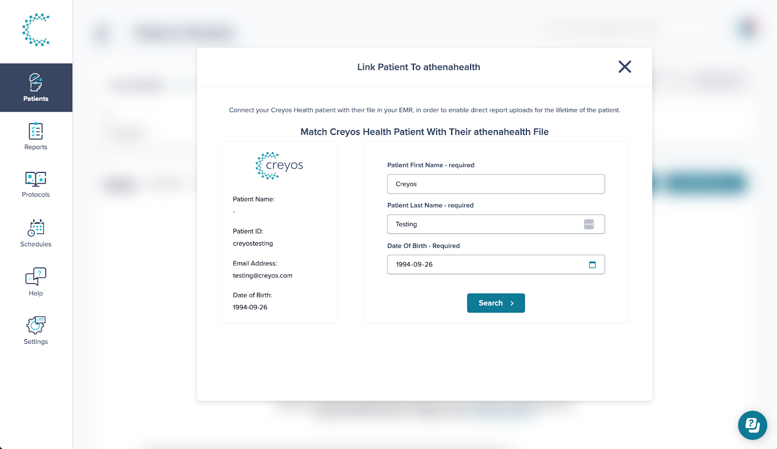 A screen appears in Creyos allowing clinicians to input required information to match patient records