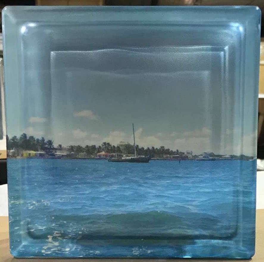 Craft glass block with ocean scene.