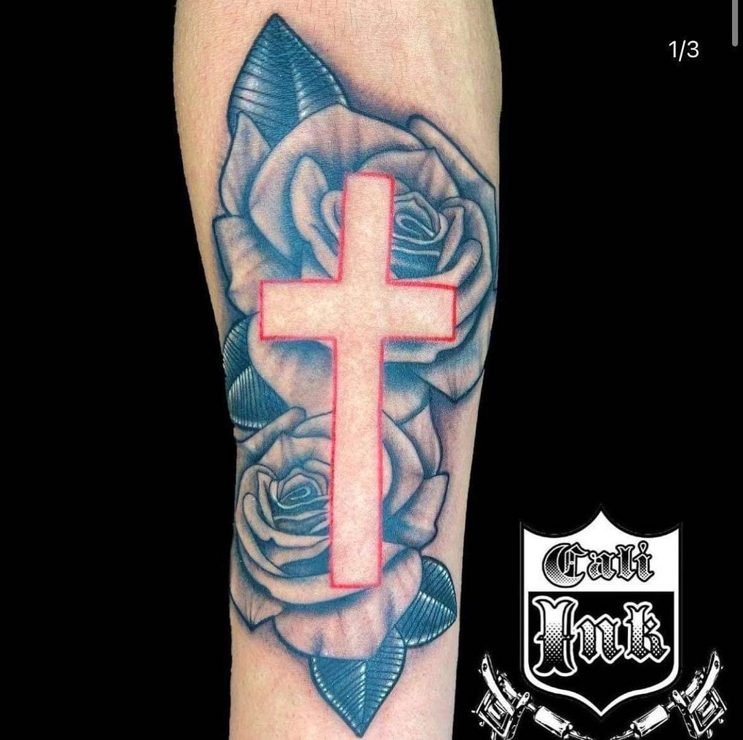 Red Ink Cross with Roses Tattoo