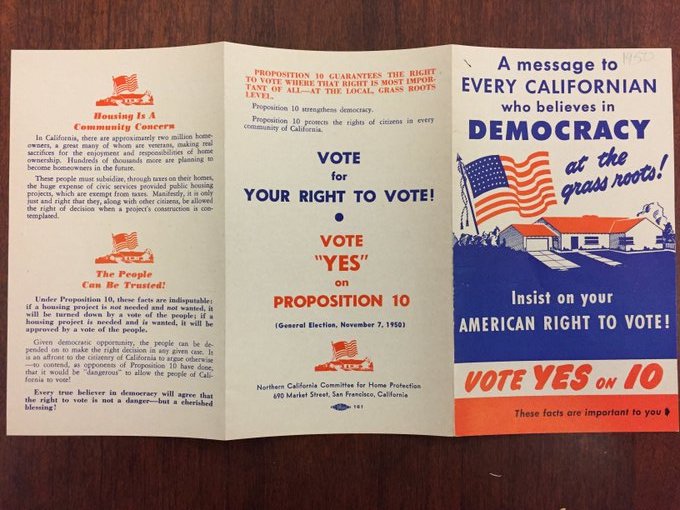 A picture of a electoral pamphlet from 1950 that says "A message to every Californian who believes in democracy of the grass roots!"