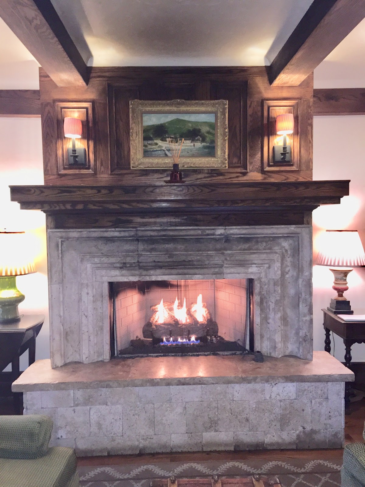 Stone Fireplace With Wood Mantel