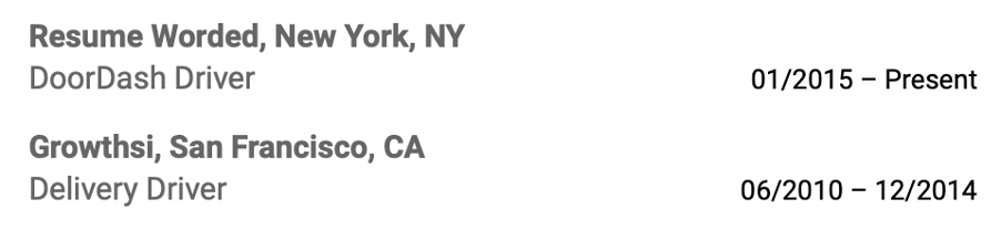 Example of briefly listing DoorDash on a resume without bullet points