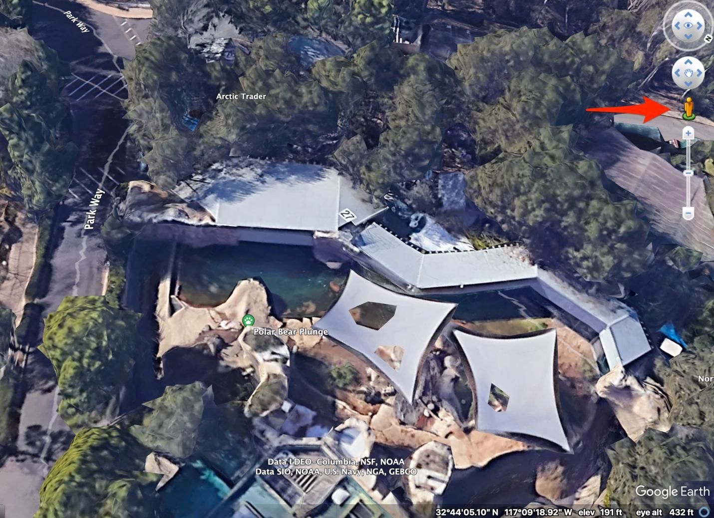 White oak security’s screen grab of zoomed in Google maps San Diego zoo with arrow to the polar bear enclosure to navigate the foot paths and utilizing street view. 