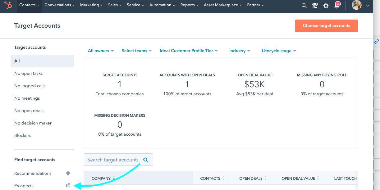 Find the HubSpot Prospects Tool in Target Accounts
