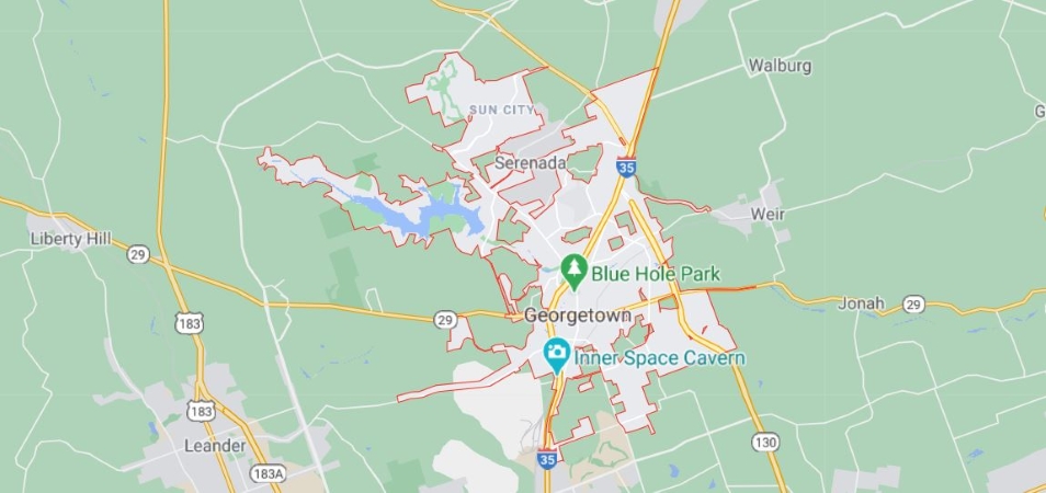 A map showing the boundaries of Georgetown, TX.
