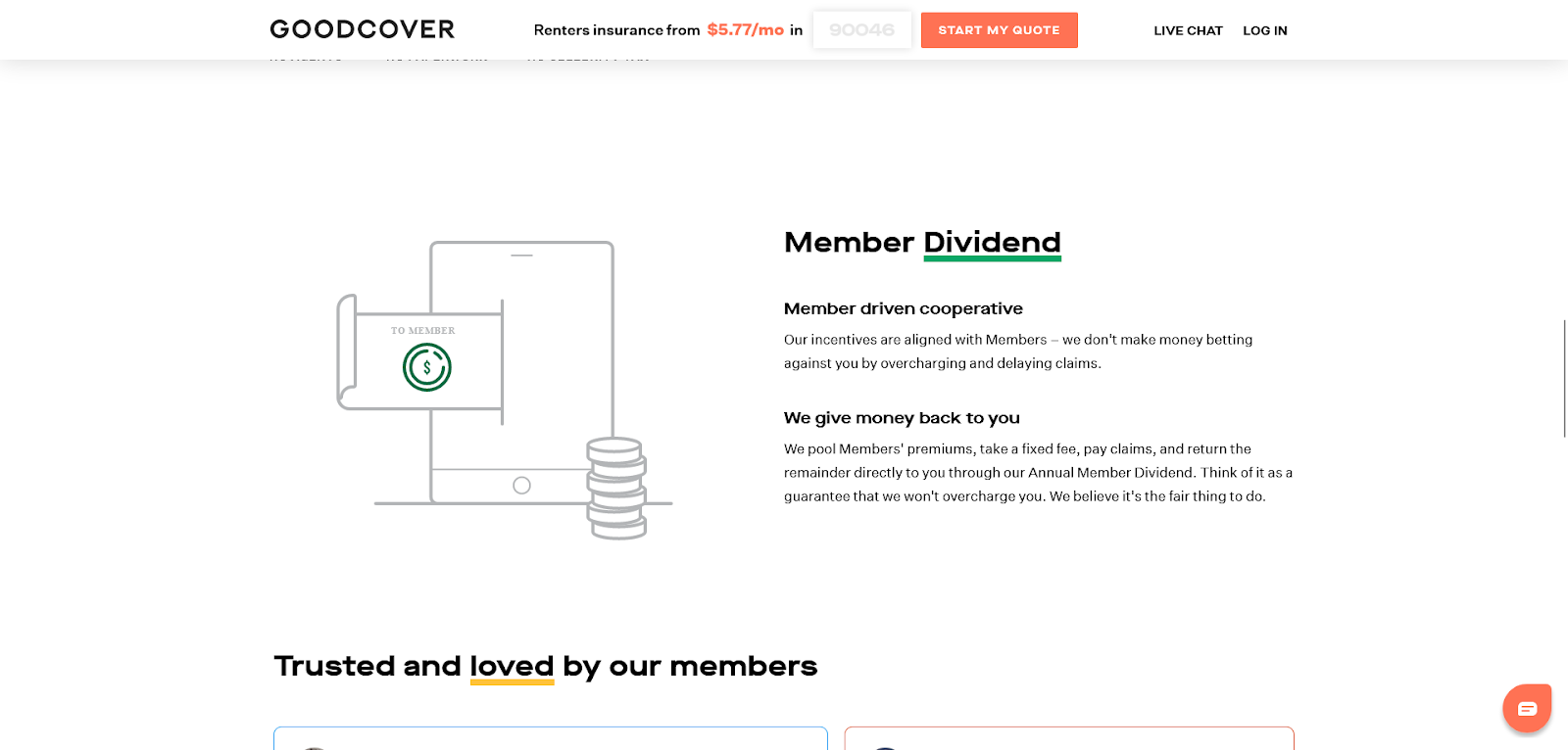 Screenshot of Goodcover Member Dividend Benefits.