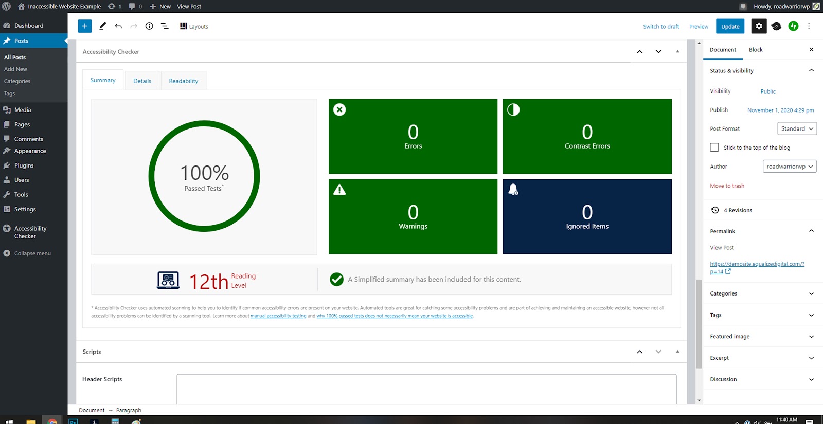 Captura de pantalla de las pruebas en ejecución del complemento Accessibility Checker