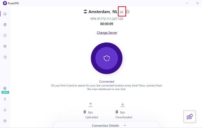 PureVPN connected to a server with port forwarding enabled