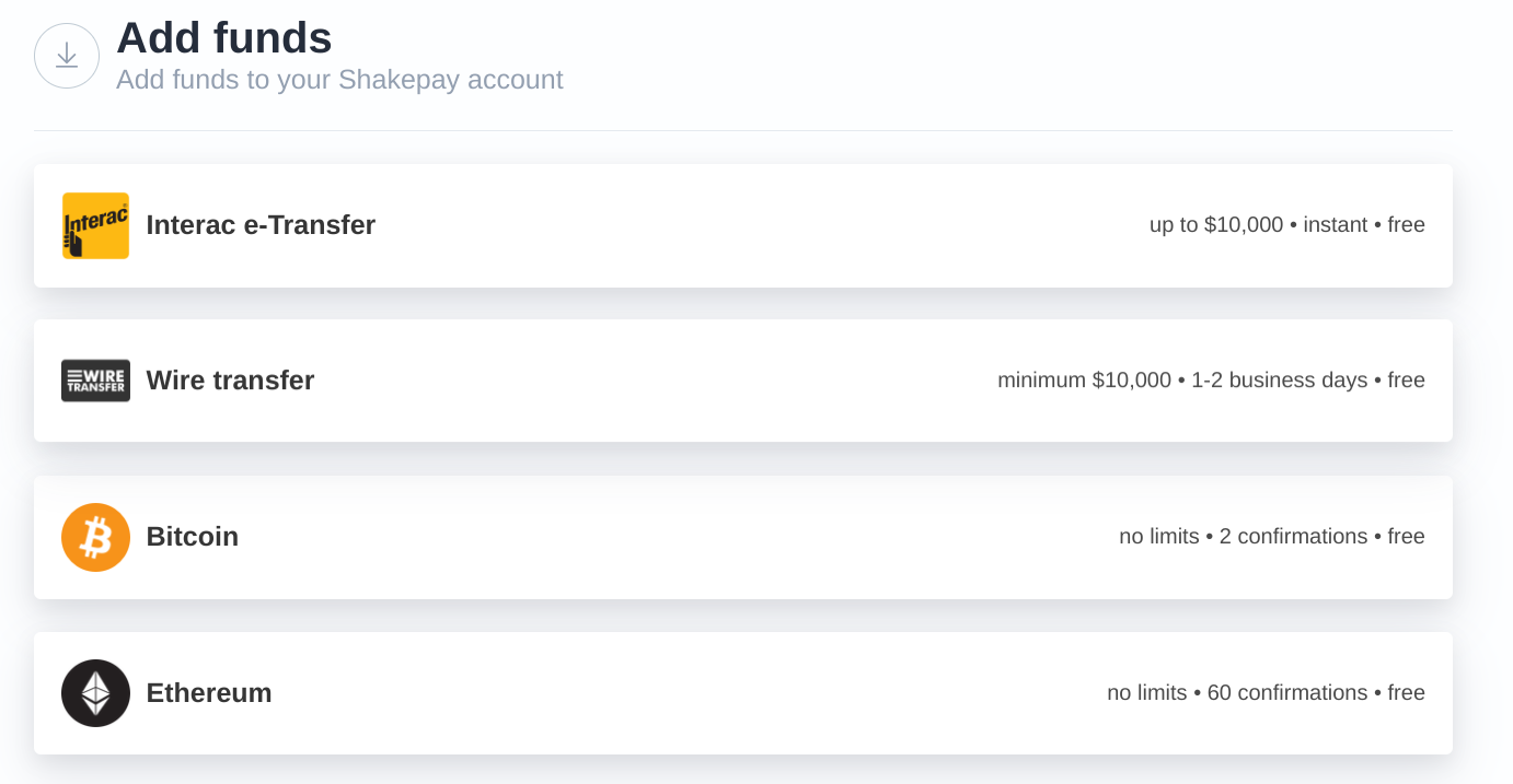 Shakepay Add Funds Screen