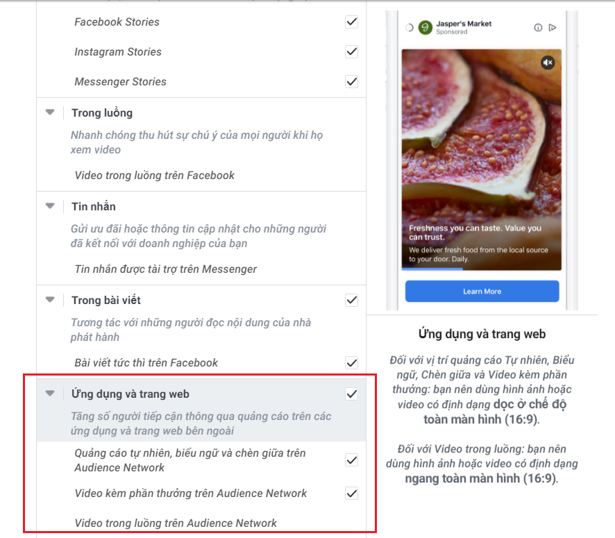 Ứng dụng và trang web (Apps and Sites / Facebook Audience Network)
