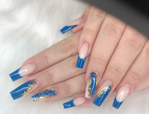 Blue Art With Golden Glitters Nail Design