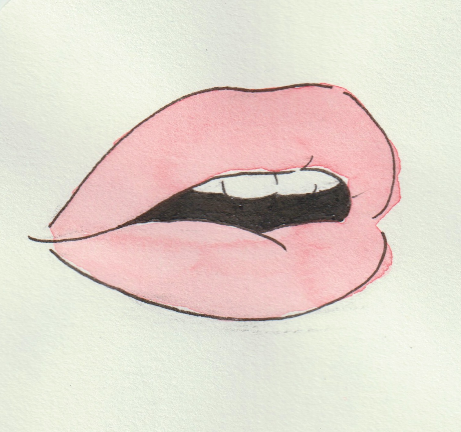 Watercolor illustration of red lips slightly open, showing teeth.
