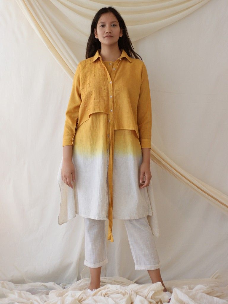 Yellow Cream Ombre Cotton Linen Double Layered Dress
