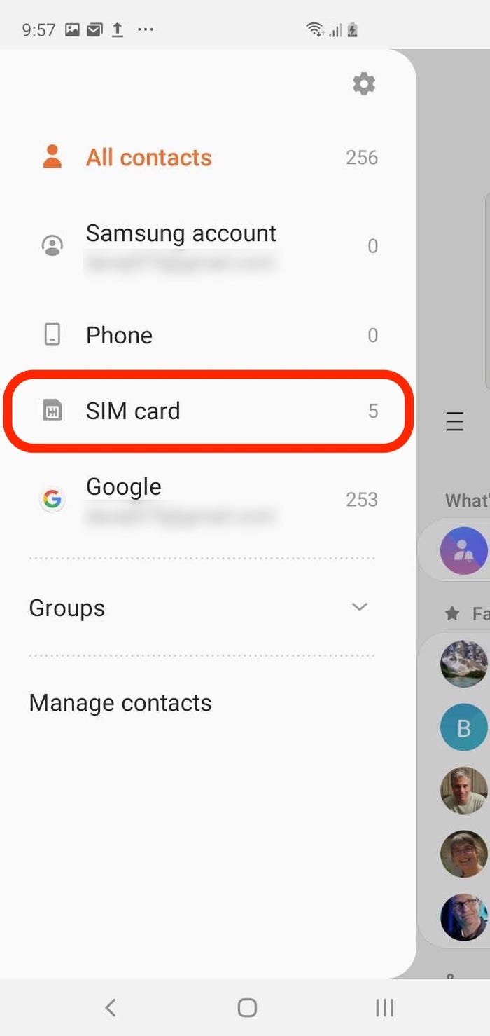 Screenshot of the Contacts app hamburger menu with the SIM card option highlighted.