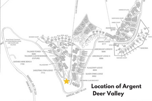 This is an image of a map of Empire Pass Village, located in Utah. The map shows the village's layout with roads, buildings and other structures labeled. Golden yellow stars mark the location of Argent, a luxury condo community within the village. There are also several nearby parks and trails for visitors to explore including Deer Valley Resort, Jordanelle State Park and Uinta National Forest.