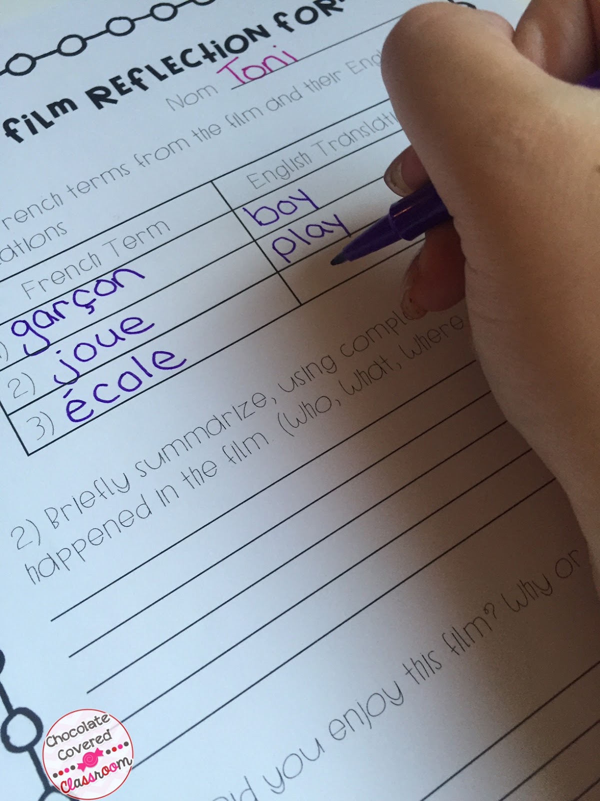 Preparing for a substitute teacher in the second language classroom - free short film response sheet