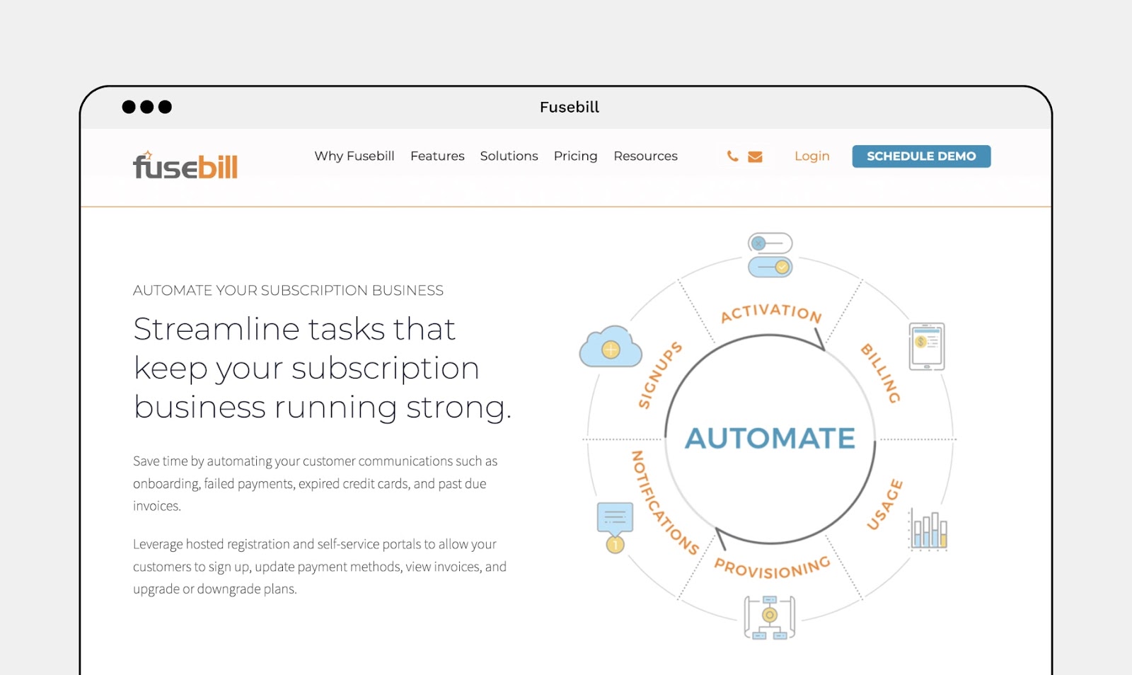 Screenshot of Fusebill's website page with Fusebill’s subscription management automation.