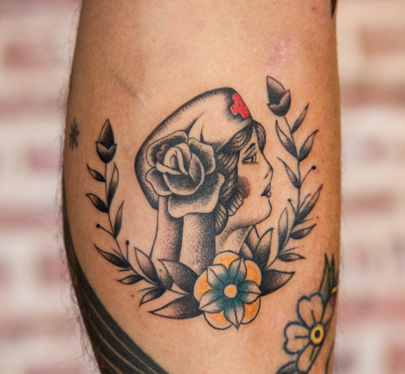 Yellow With Grey Floral Small Nurse Tattoo