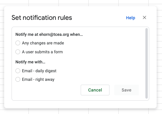 Sheets notification rule choices