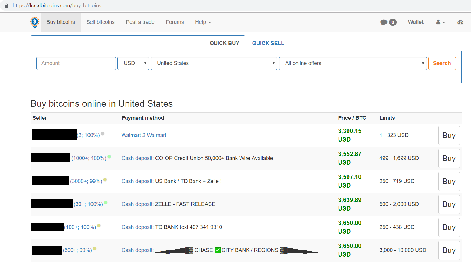 Buy bitcoins online in United States results screen.