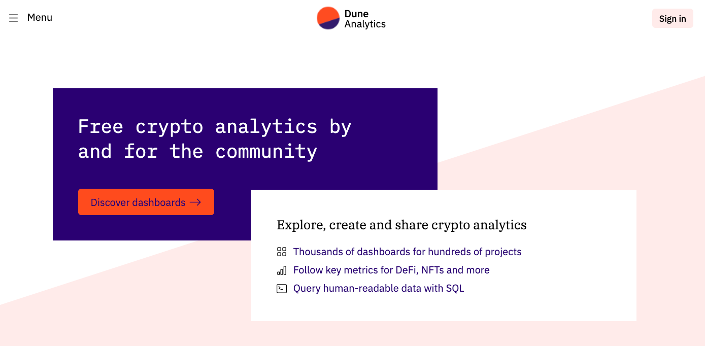 On-chain analytics tool - DuneAnalytics