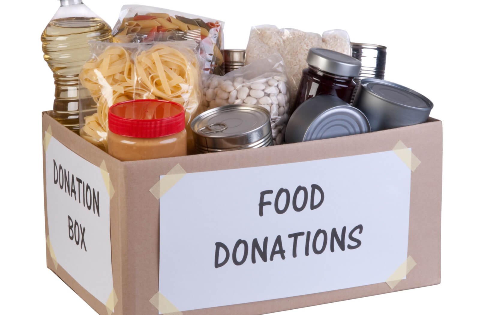 a cardboard box with a printed sign saying "Food Donations" is filled with nonperishable items like canned goods, pasta and beans intended for distribution to a homeless person