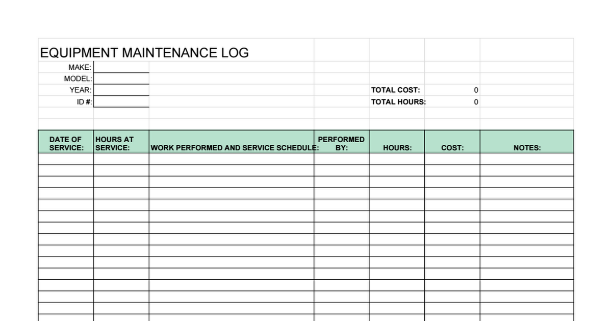 Equipment Maintenance Log Template Google Sheets