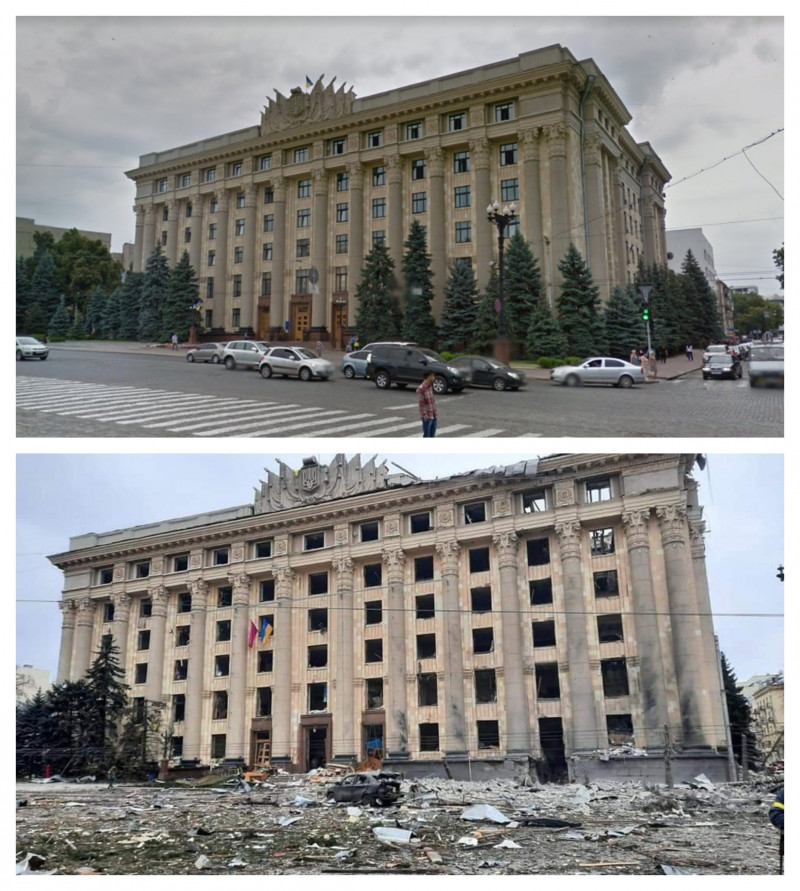 Clădire din Harkov, după și înainte de bombardament