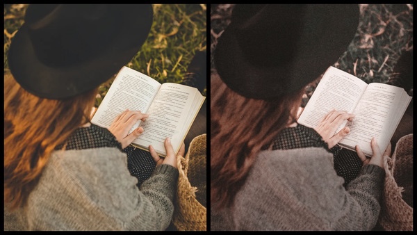 Montagem com 2 fotos da mesma mulher lendo um livro mostrando o antes e depois da edição.