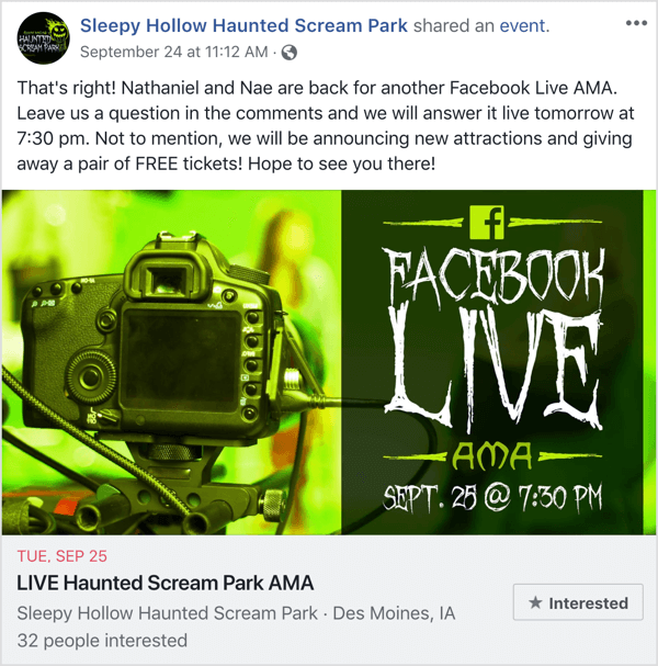 An invitation from Sleepy Hollow Haunted Scream Park to an AMA. 