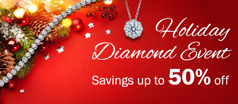 diamond bracelet and necklace dangling across an edge of a decorated pine with the words Holiday Diamond Event Savings up to 50% off