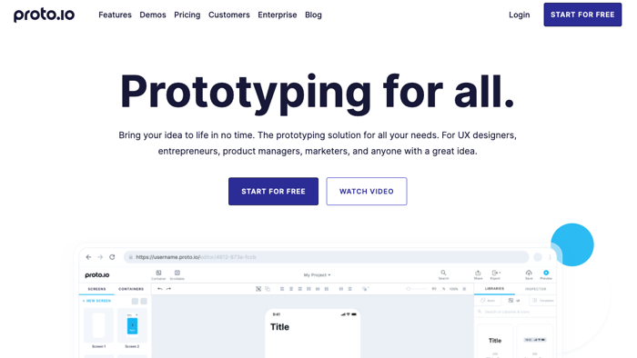 Proto.io main page with header 'Prototyping for all'