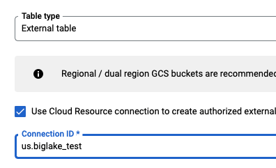 Screenshot of how to select BigLake as a table type using you connection ID in BigQuery 