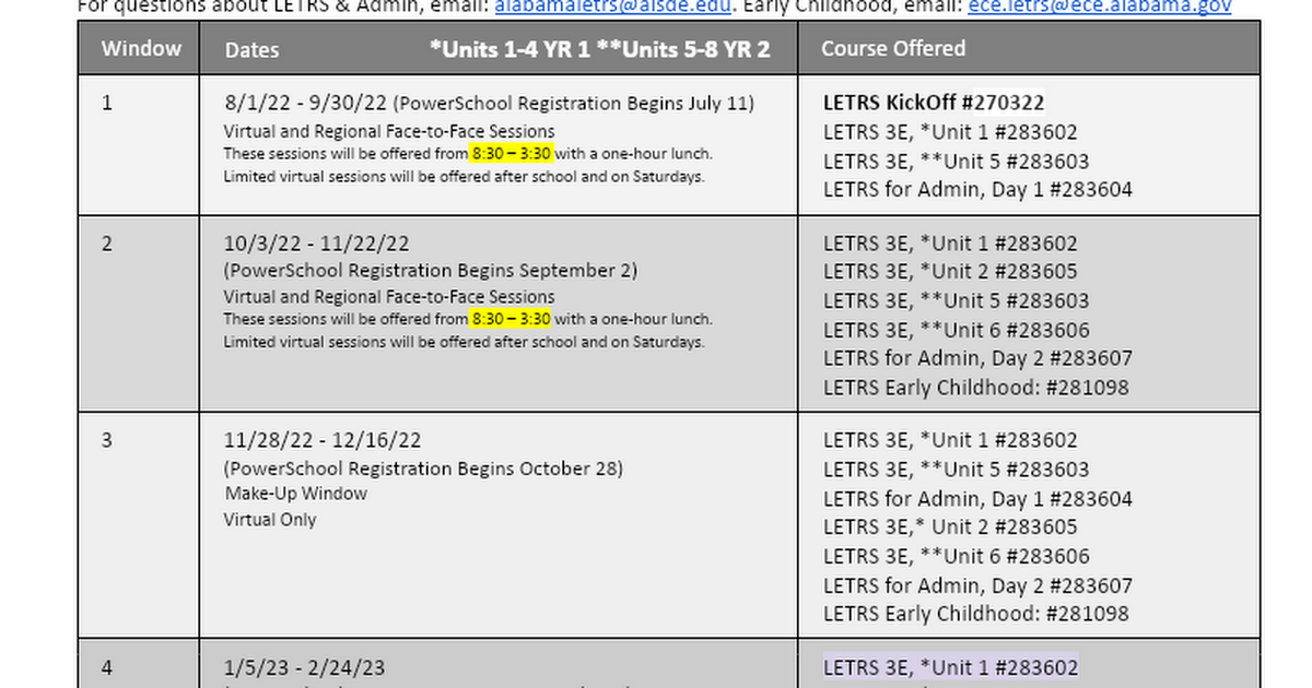 LETRS 2022-2023 Session Calendar