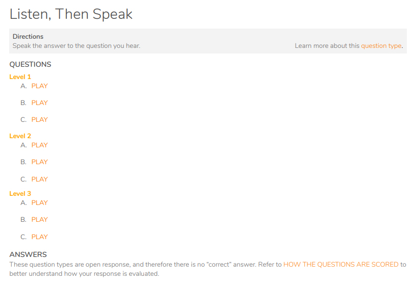 ตัวอย่างข้อสอบ Duolingo - Listen and Speak