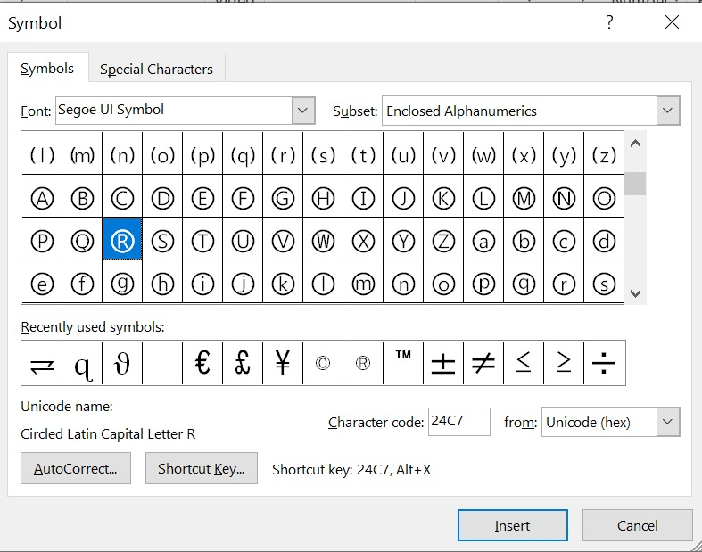 searching for Uppercased Circled R symbols text using the character code